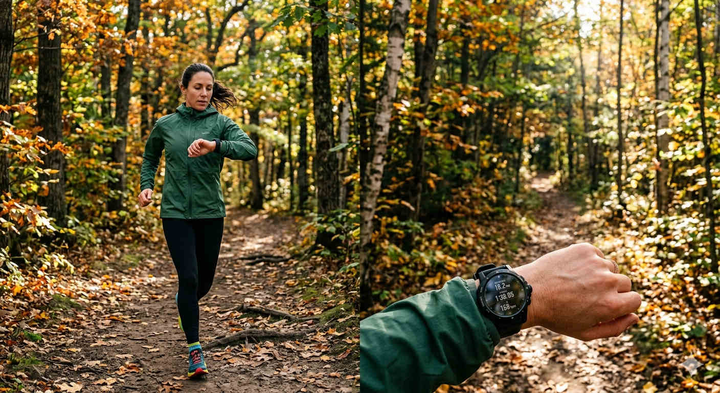 Illustration d'une montre GPS et de l'écoute des sensations en course à pied